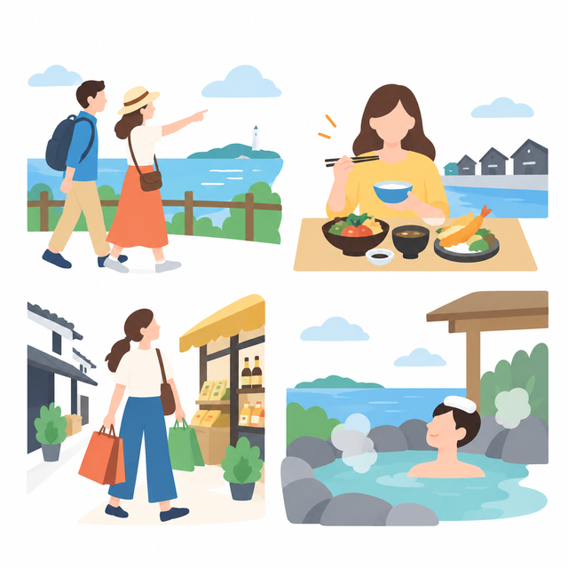 知多半島で観光や食事、買い物、温泉を楽しむイラスト