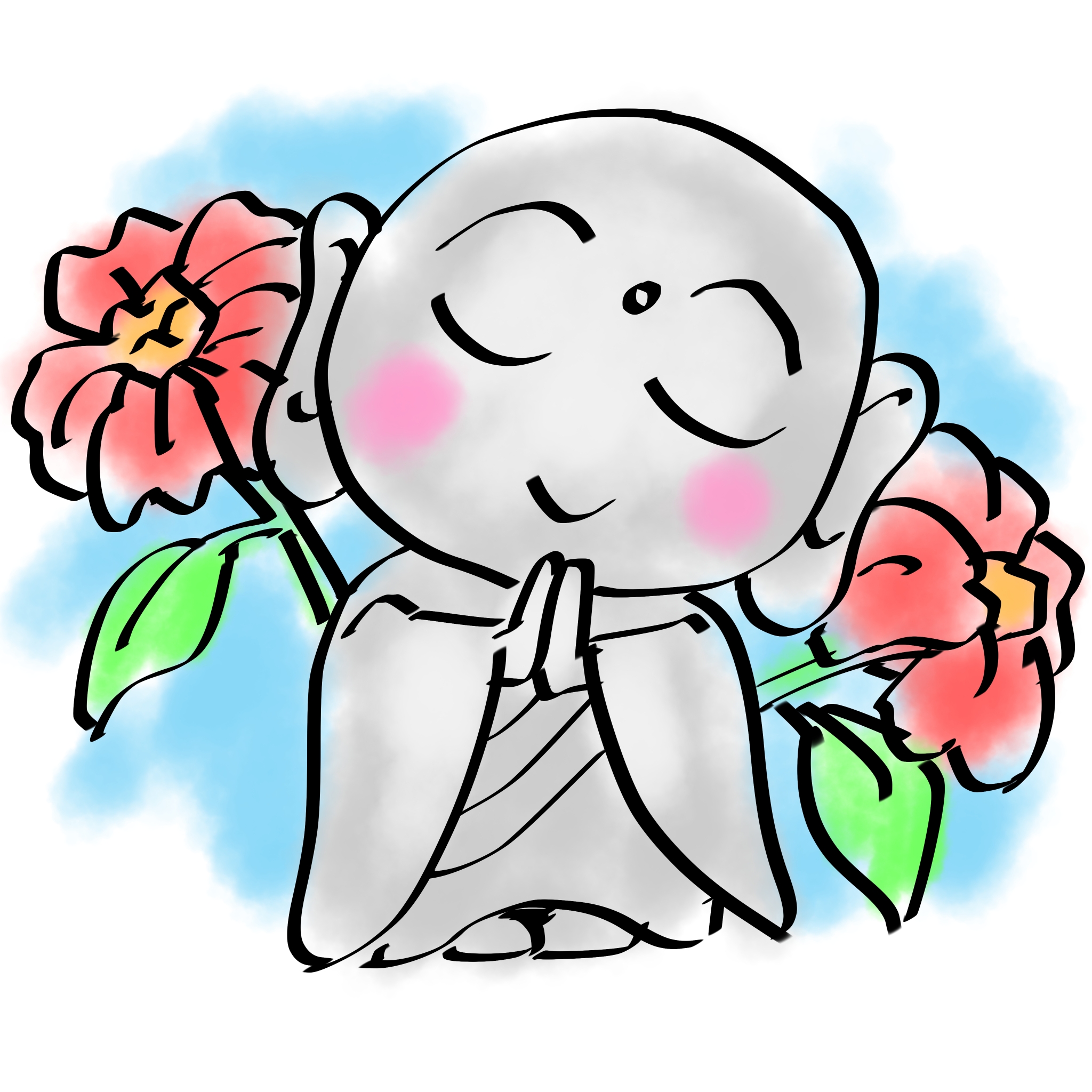 花に囲まれて手を合わせるお地蔵さんのイラスト